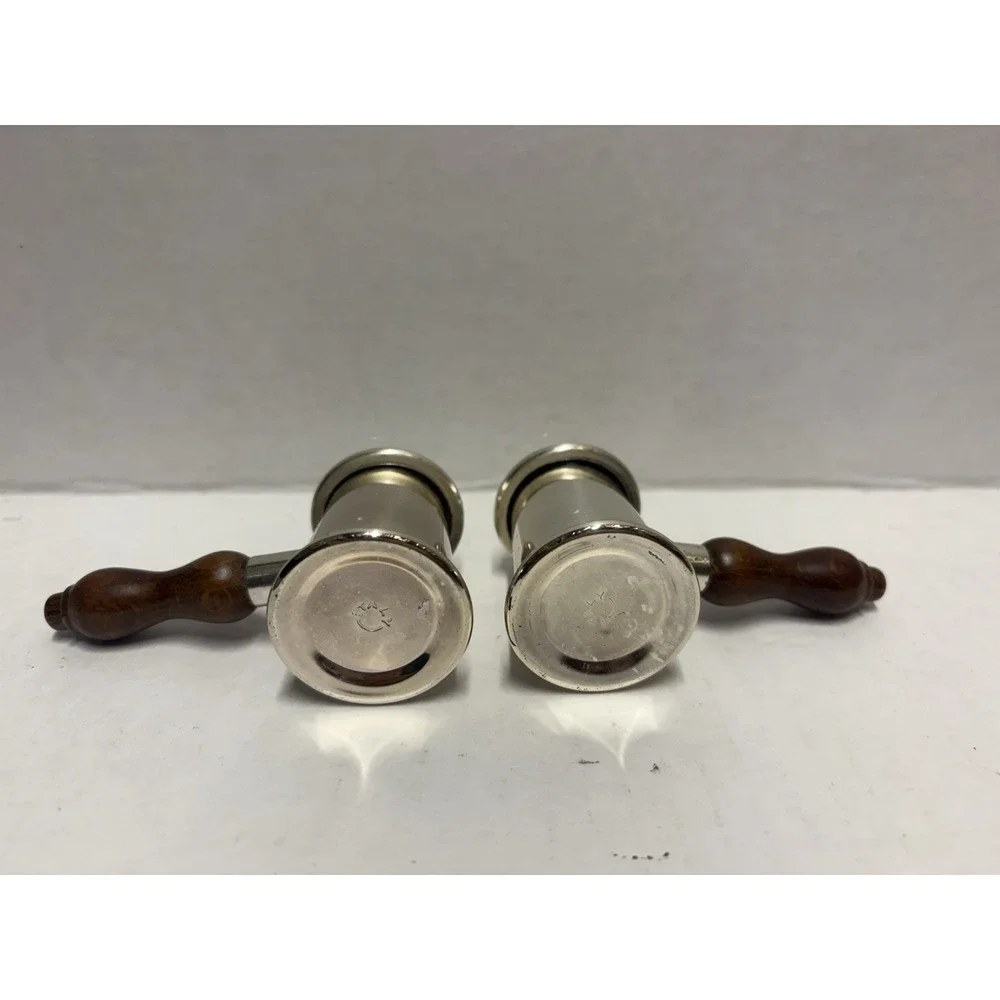 Silver plated Salt & Pepper Shaker‎ Hammer shape small vintage wood handles